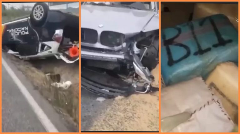 مهربوا الحشيش يدهسون دورية أمنية قبل انقلاب سيارتهم + فيديو